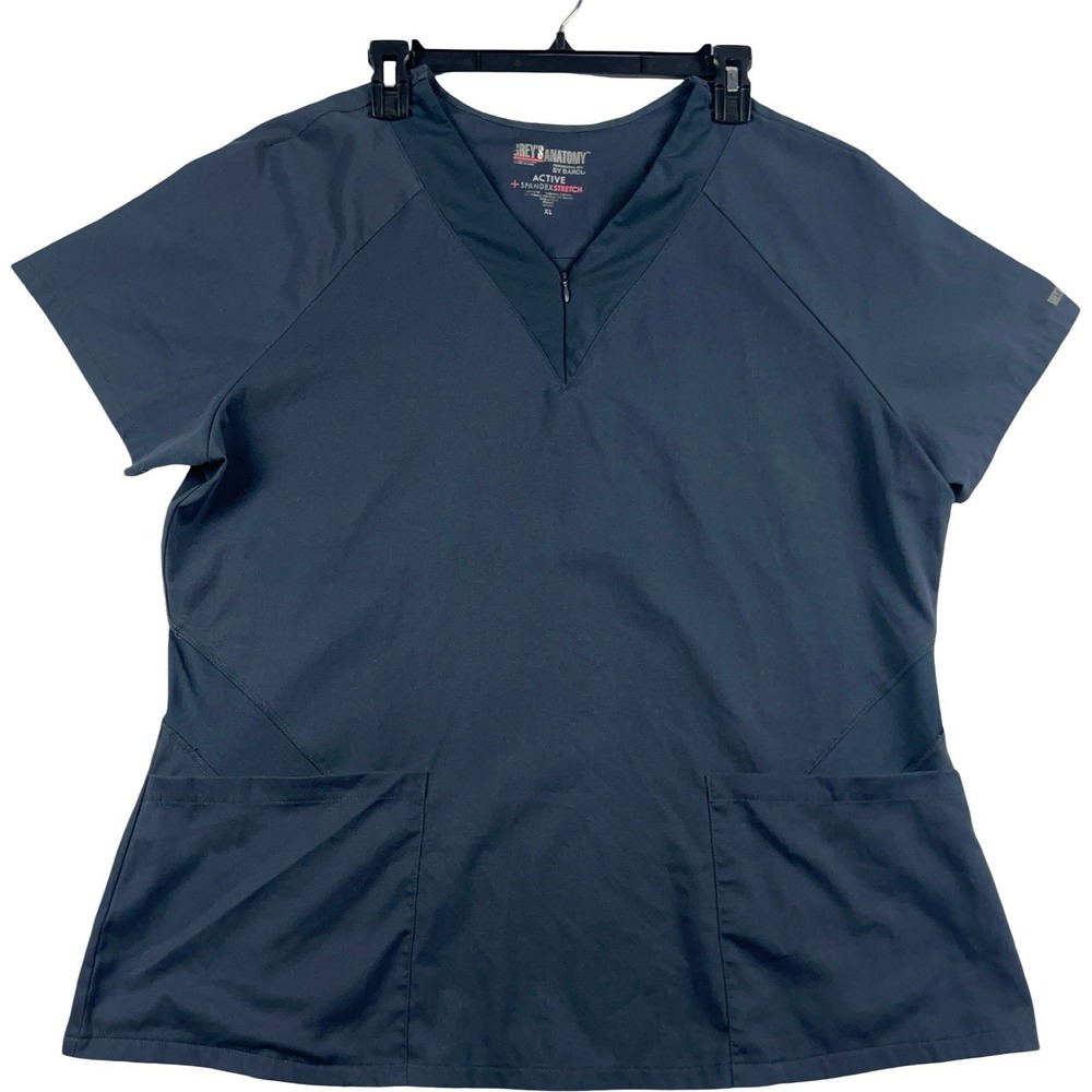 Grey's Anatomy Scrub Top Womens XL Gray Active Spandex Stretch V-Neck Zipper